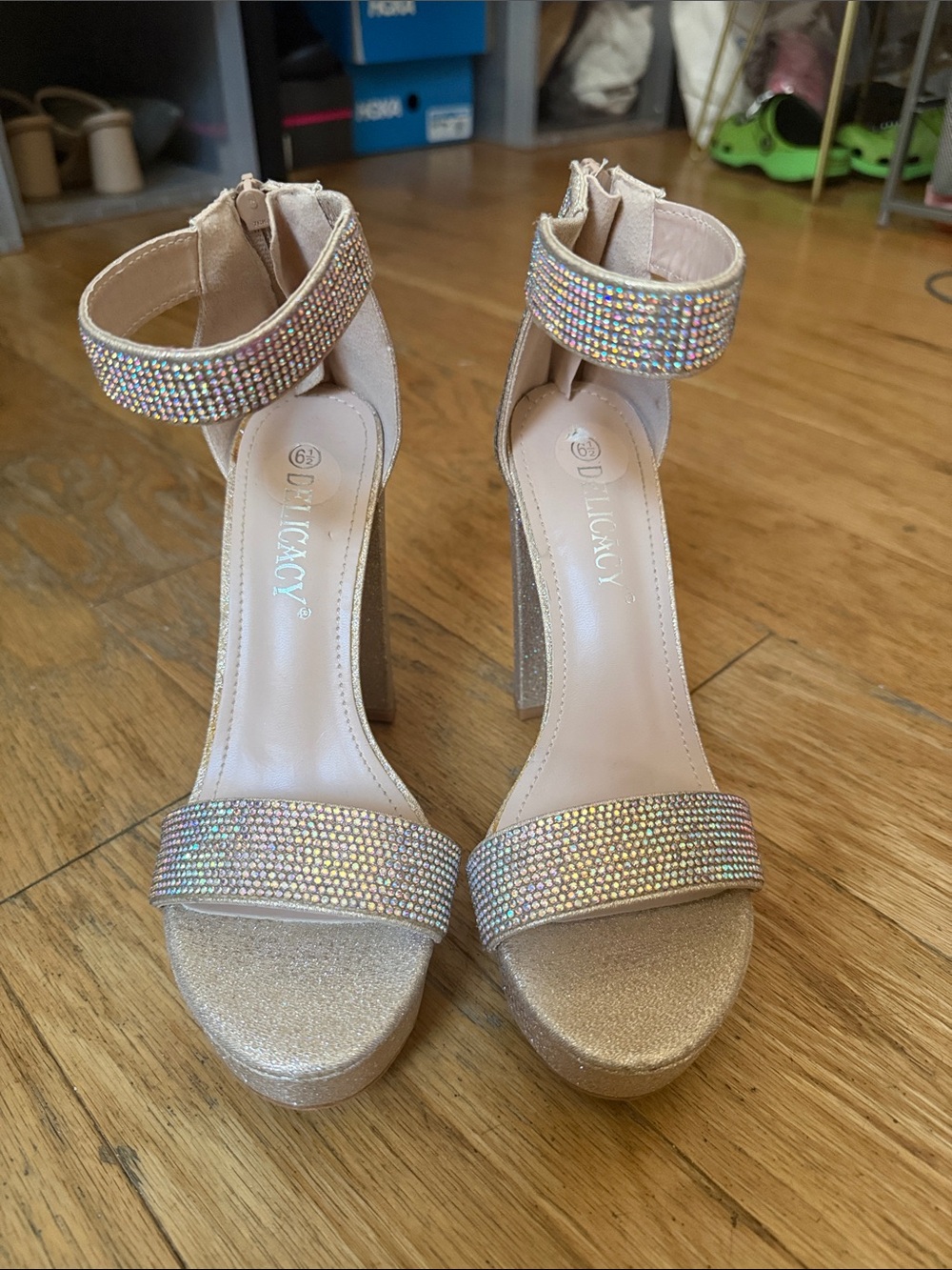 Dollhouse Champagne Glitter Platform Sandals with Crystal Straps